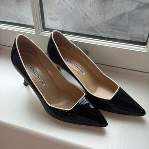 Black Patent Leather Manila Blahnik with White Piping - Size 38
